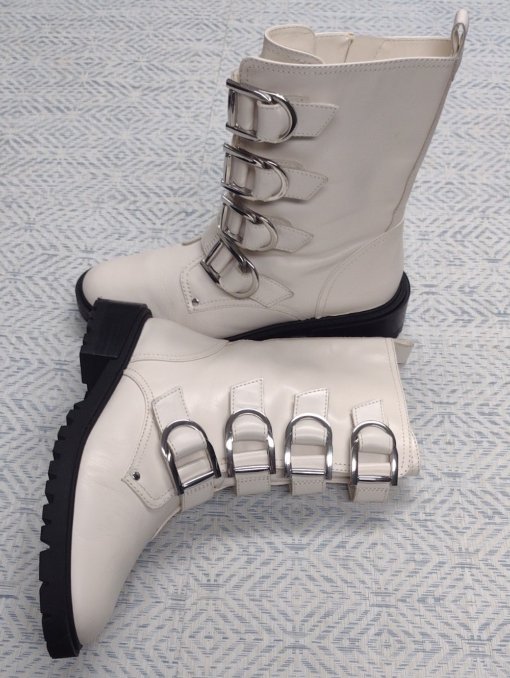Vince Camuto Cream Combat Boots with Silver Buckles
